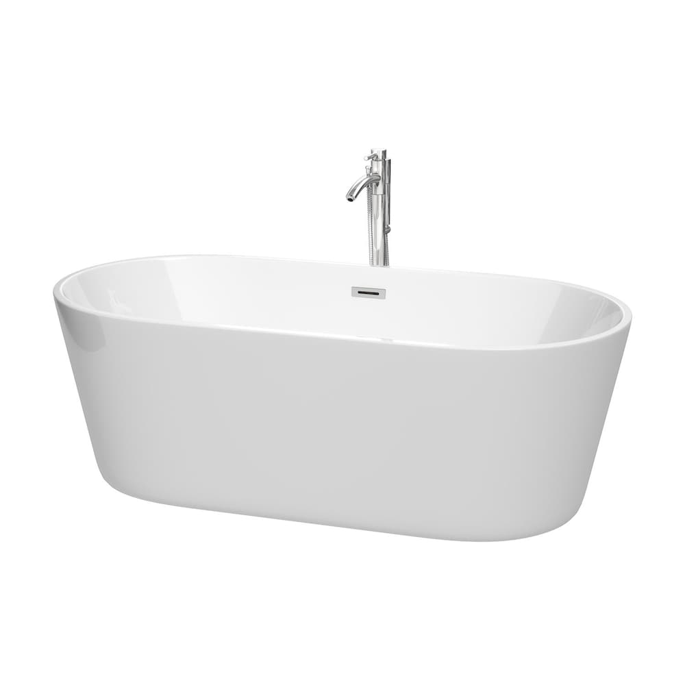 Carissa 67 inch Freestanding Bathtub in White with Floor Mounted Faucet and Trim in Polished Chrome