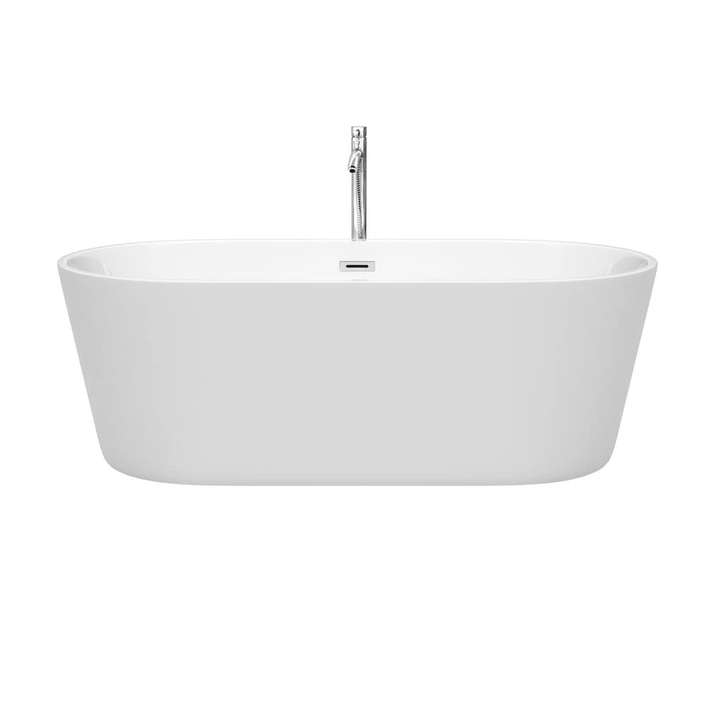 Carissa 67 inch Freestanding Bathtub in White with Floor Mounted Faucet and Trim in Polished Chrome