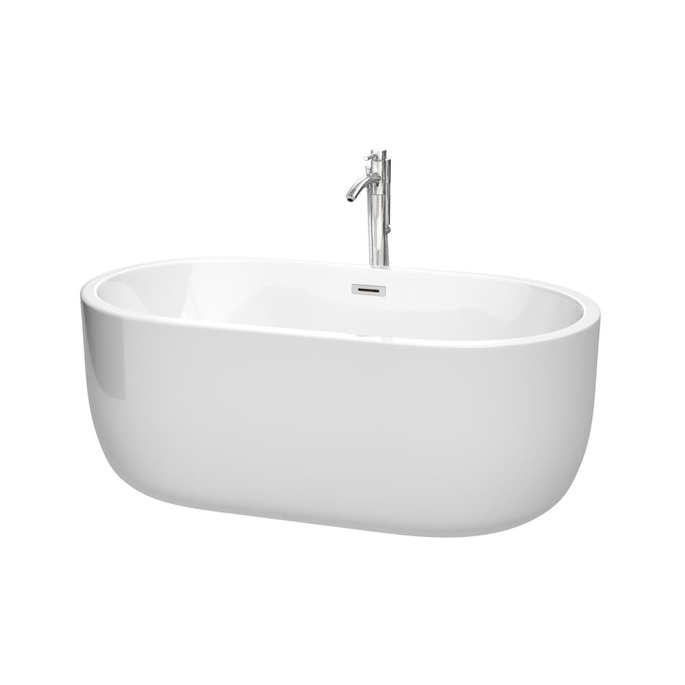 Baignoire autoportante Juliette de 60 pouces en blanc avec robinet au sol et garniture en chrome poli
