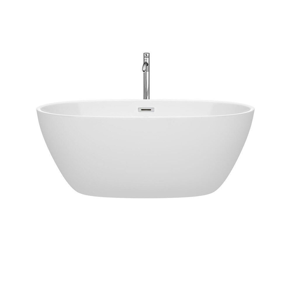 Juno 59 inch Freestanding Bathtub in White with Floor Mounted Faucet and Trim in Polished Chrome
