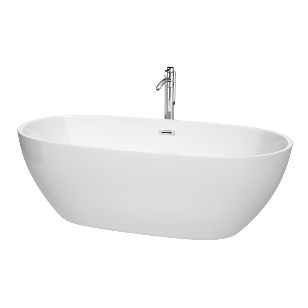 Juno 71 inch Freestanding Bathtub in White with Floor Mounted Faucet and Trim in Polished Chrome