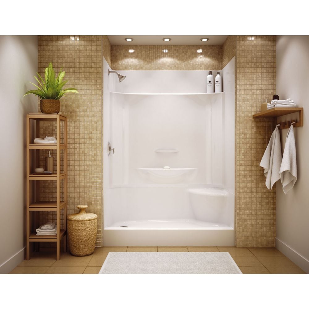 Cabine de douche AcrylX Essence 60 po L x 34 po l x 80 po H 4 pièces avec siège droit, base de drain gauche, contour mural et étagères intégrées