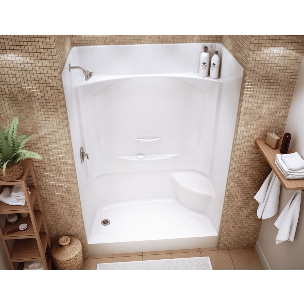 Cabine de douche AcrylX Essence 60 po L x 34 po l x 80 po H 4 pièces avec siège droit, base de drain gauche, contour mural et étagères intégrées