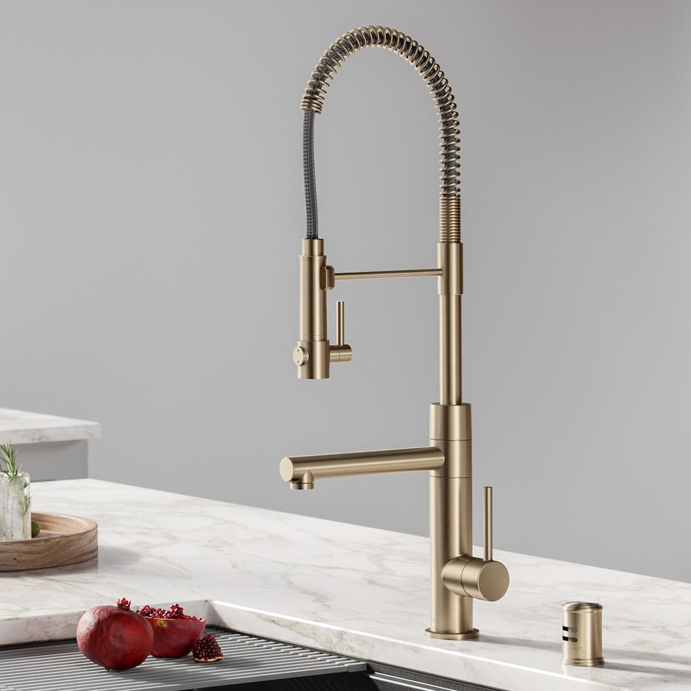 Single-Handle Spring Coil Kitchen Faucet with Sprayer and Pot Filler in Brushed Gold