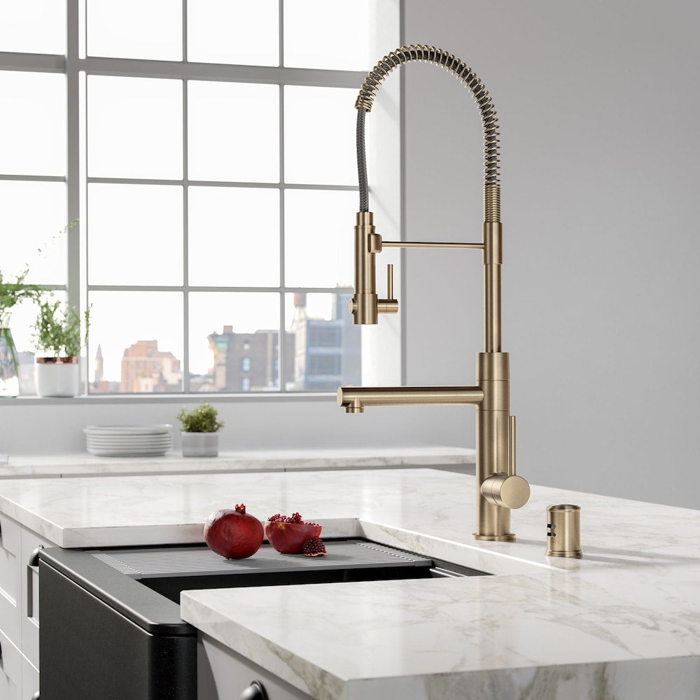 Single-Handle Spring Coil Kitchen Faucet with Sprayer and Pot Filler in Brushed Gold