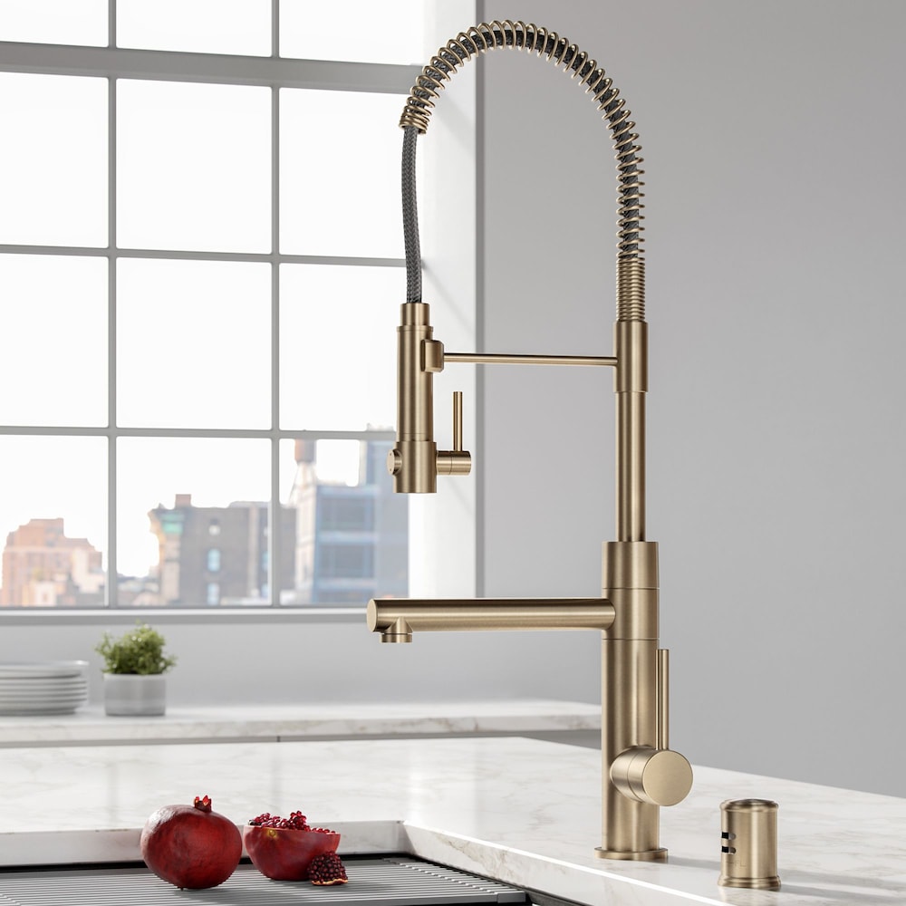 Single-Handle Spring Coil Kitchen Faucet with Sprayer and Pot Filler in Brushed Gold