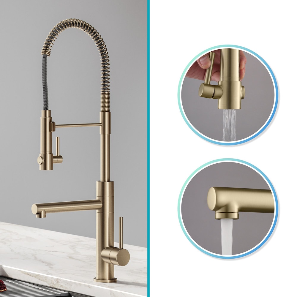 Single-Handle Spring Coil Kitchen Faucet with Sprayer and Pot Filler in Brushed Gold