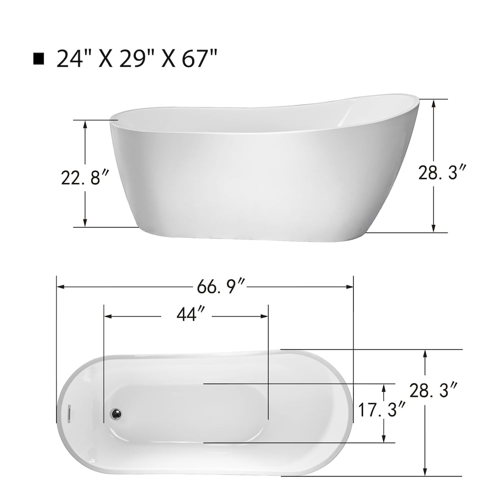 67 inch Freestanding Acrylic Bathtub With Polished Chrome Overflow & Pop-Up Drain VA6904-L