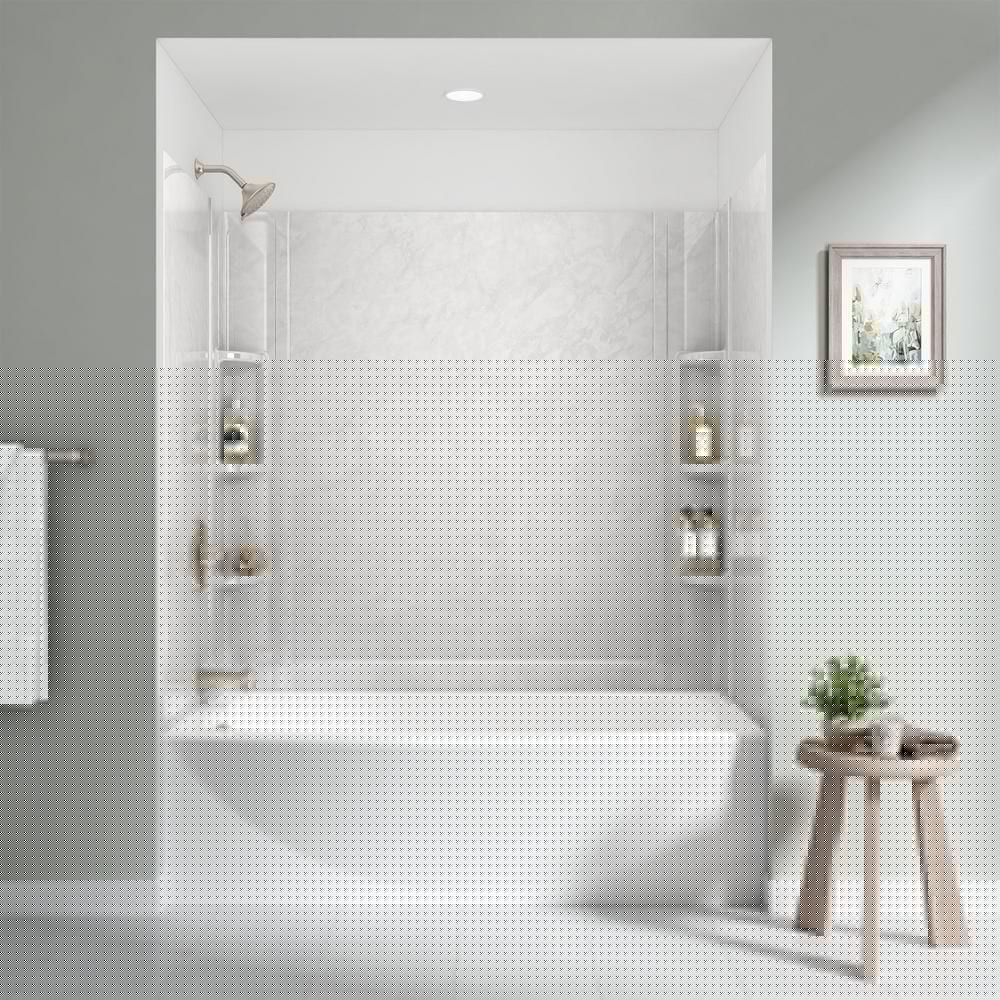Ovation 32 in. x 60 in. x 59 in. 5-Piece Glue-Up Alcove Bath Wall Set in White Marble