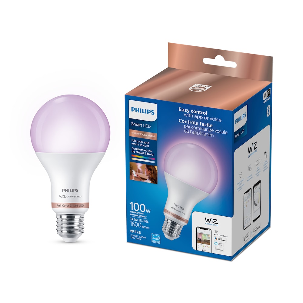 Ampoule LED intelligente A21 E26 100 W en forme de A, intensité variable, couleur et blanc réglable (2 200-6 500 K)