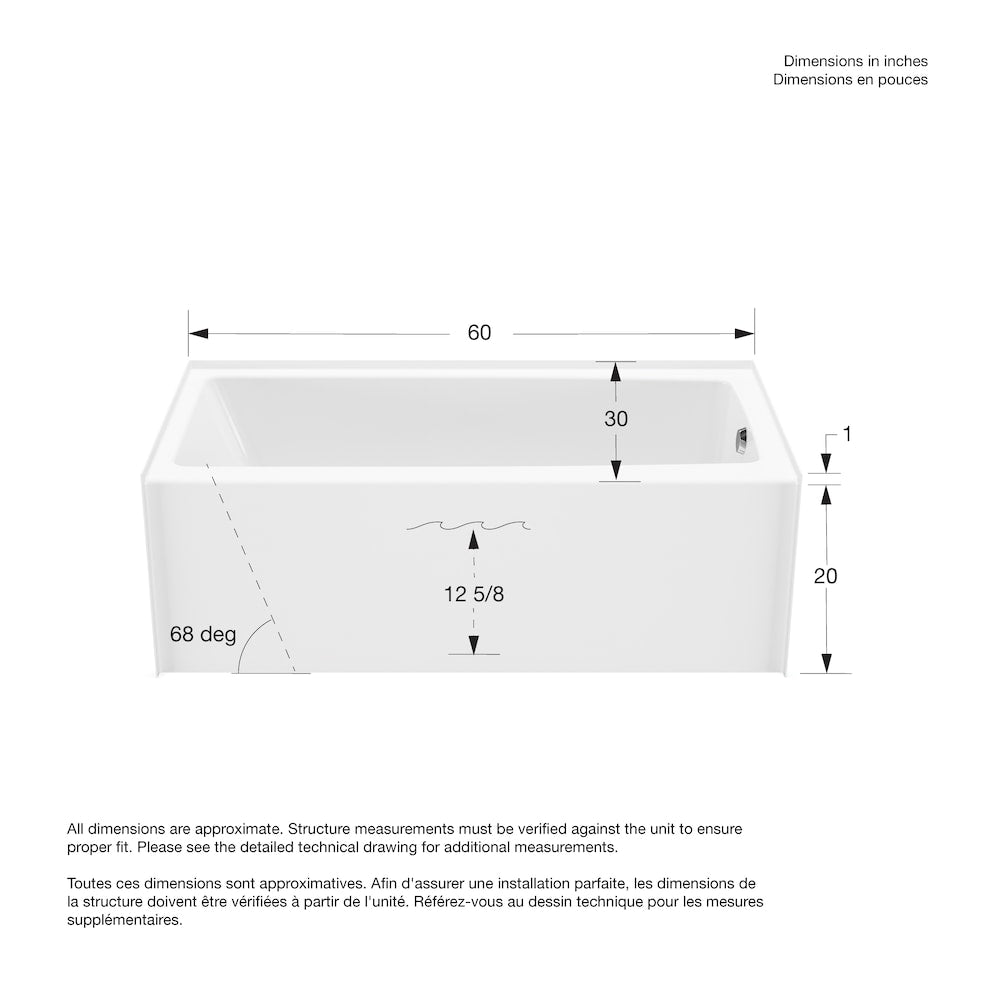 Baignoire en alcôve rectangulaire Nomad AFR 60 po L x 30 po l x 20 po H AcrlyX en blanc, drain à droite, avec profondeur de trempage de 12 5/8 po