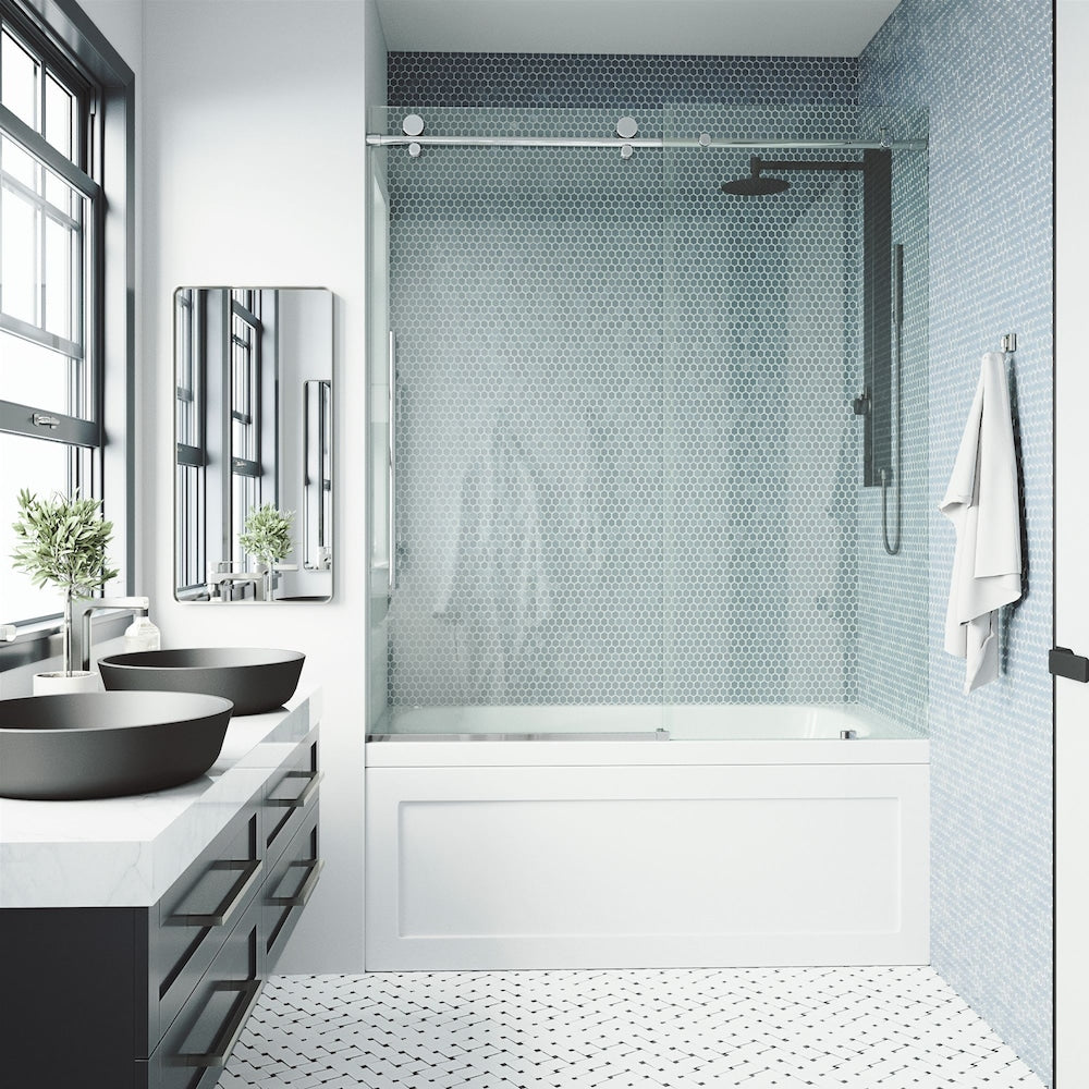 Elan E-Class 56 to 60 in. W x 66 in. H Frameless Sliding Bathtub Door in Chrome with Clear Glass and Handle