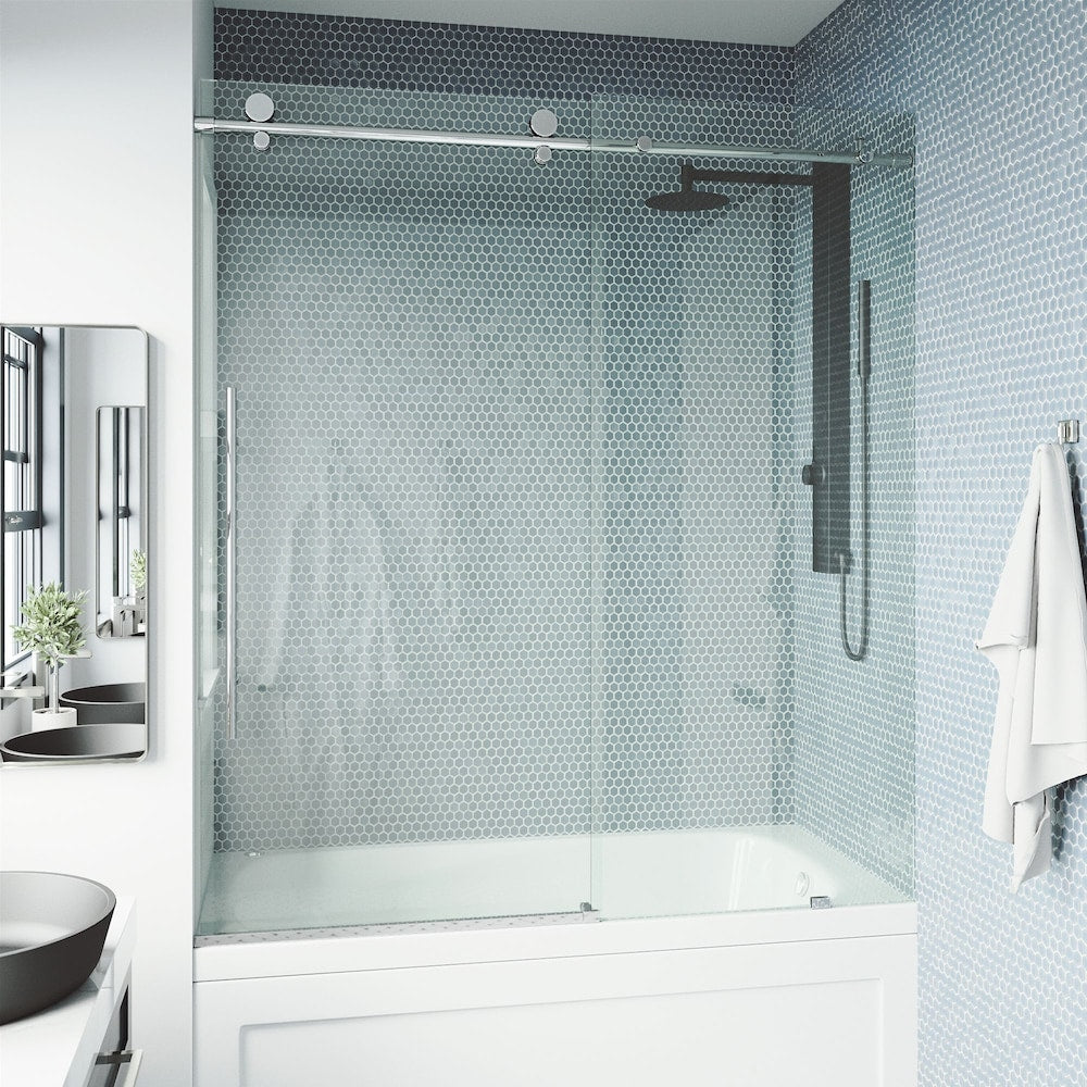 Elan E-Class 56 to 60 in. W x 66 in. H Frameless Sliding Bathtub Door in Chrome with Clear Glass and Handle