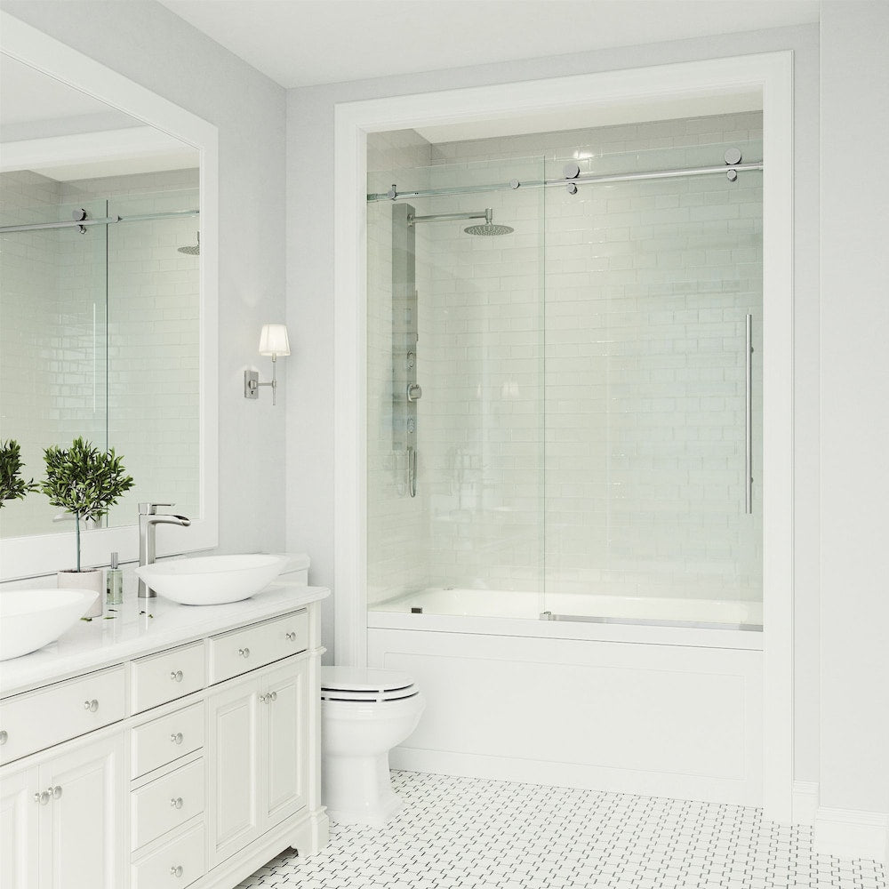 Elan E-Class 56 to 60 in. W x 66 in. H Frameless Sliding Bathtub Door in Chrome with Clear Glass and Handle