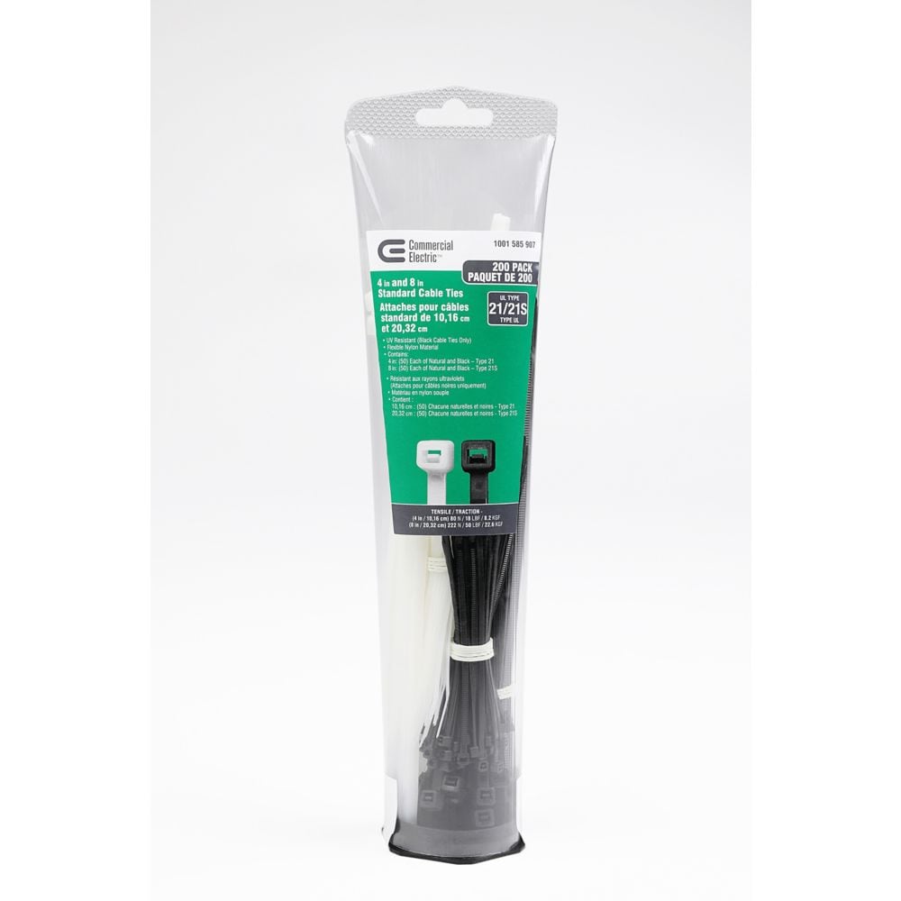 Attache de câble 4 pouces/8 pouces - Naturel/Noir (Paquet de 200)