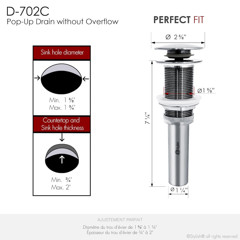 Polished Chrome Pop-Up Bathroom Sink Drain without Overflow