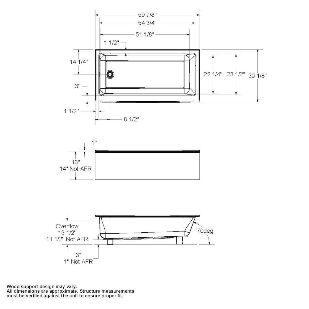 Bosca Access 60L x 30W x 14H Acrylic Rectangular Alcove Bathtub, Left Drain, in White with Certified Anti-Slip Floor