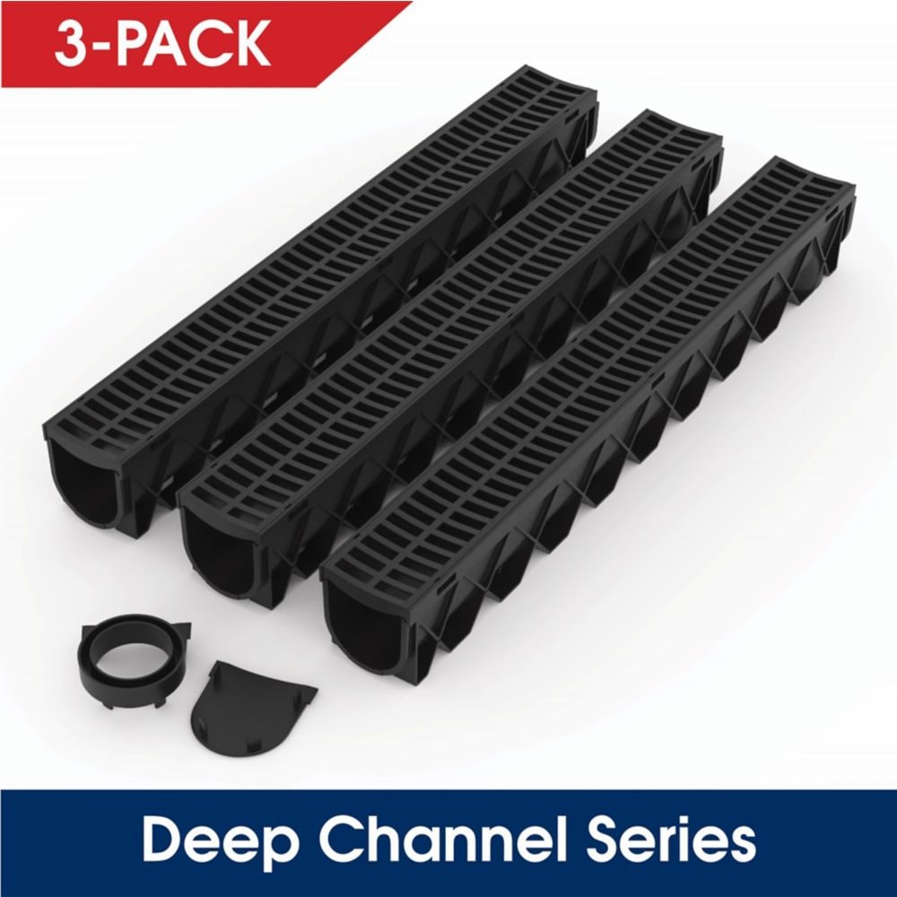 Storm Drain Series Channel Drain Kit with Black Grate (3-Pack)