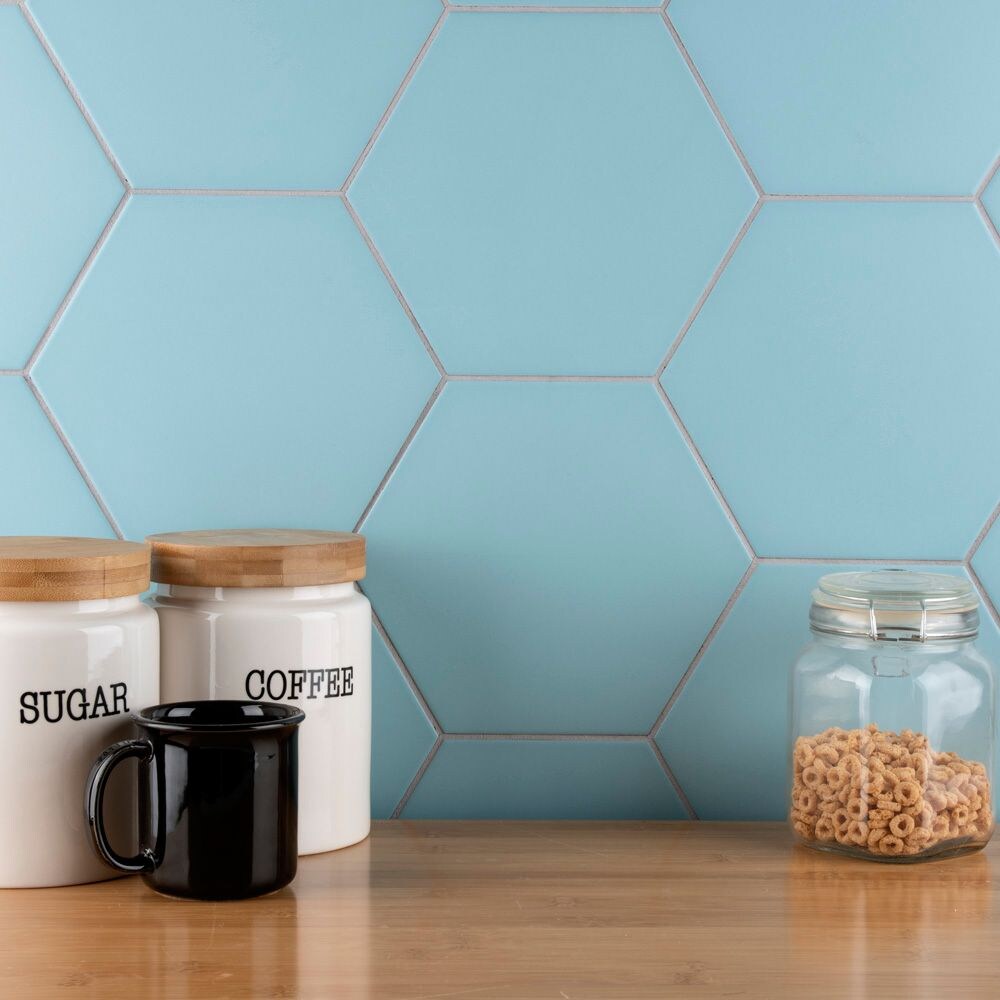 SAMPLE - Textile Hex 9-7/8 in. x 8-5/8 in. Aqua Porcelain Floor and Wall Tile