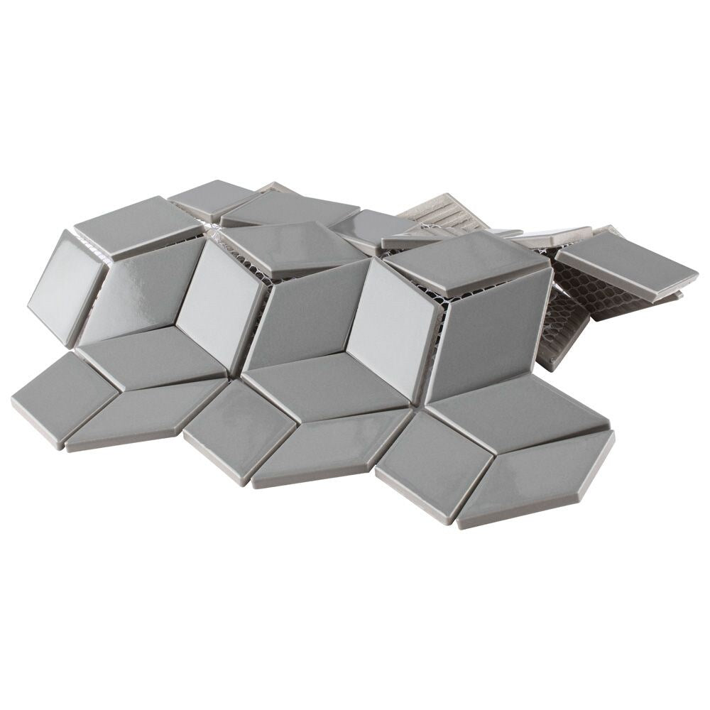 SAMPLE - Metro Rhombus Glossy Light Grey 6 in. x 6 in. Porcelain Mosaic