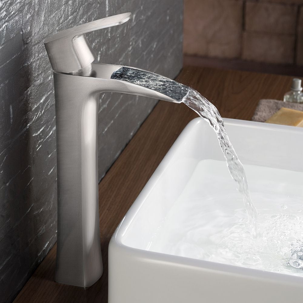 Fortore Single Hole Single-Handle Waterfall Vessel Bathroom Faucet in Brushed Nickel