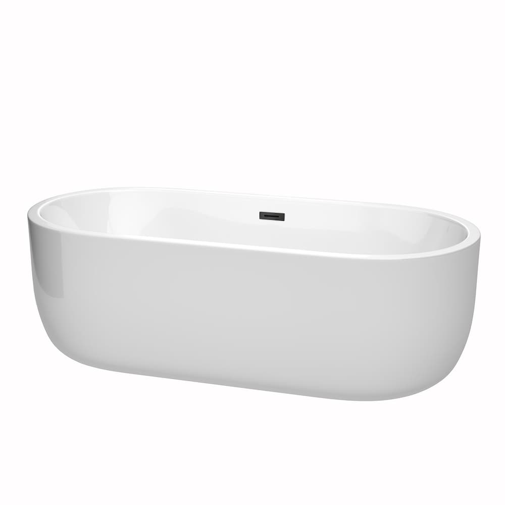 Baignoire autoportante Juliette de 71 pouces en blanc avec drain et garniture de trop-plein en noir mat