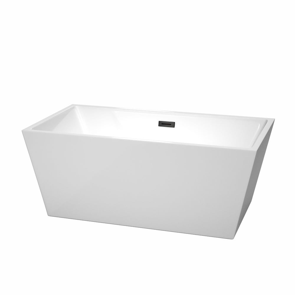 Baignoire autoportante Sara de 59 pouces en blanc avec drain et garniture de trop-plein en noir mat