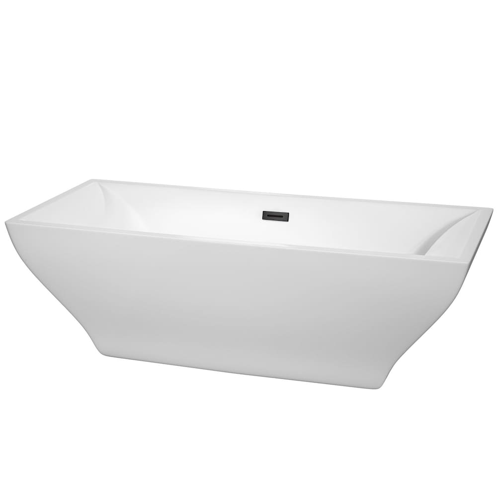 Baignoire autoportante Maryam de 71 pouces en blanc avec drain noir mat et garniture de trop-plein