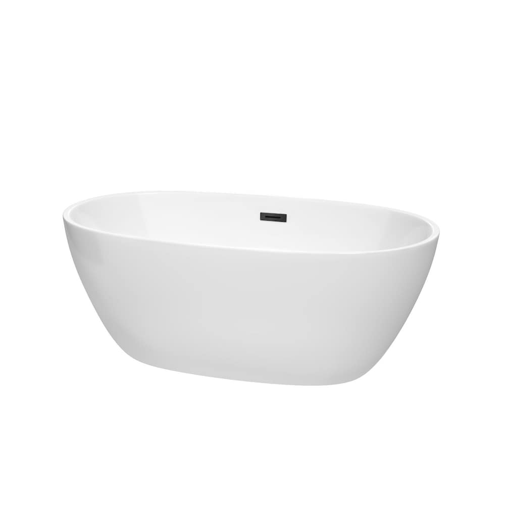 Baignoire autoportante Juno de 59 pouces en blanc avec drain noir mat et garniture de trop-plein