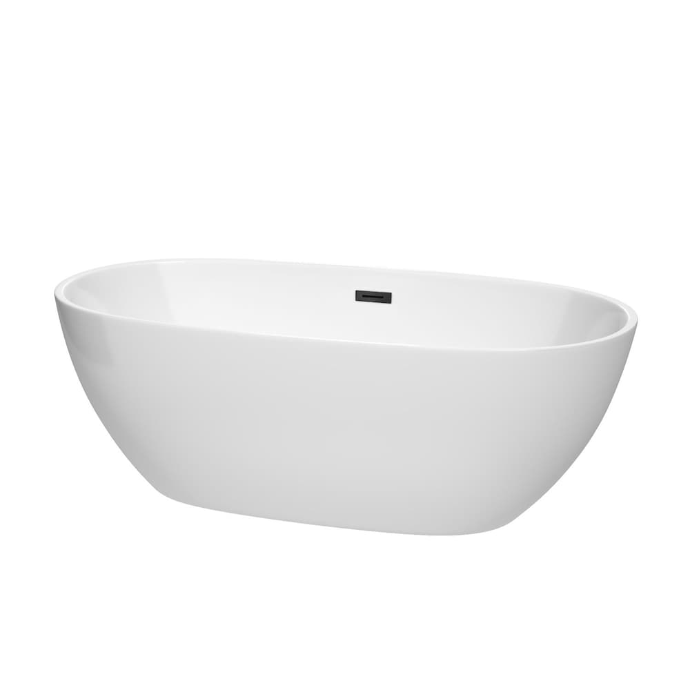 Baignoire autoportante Juno de 67 pouces en blanc avec drain noir mat et garniture de trop-plein