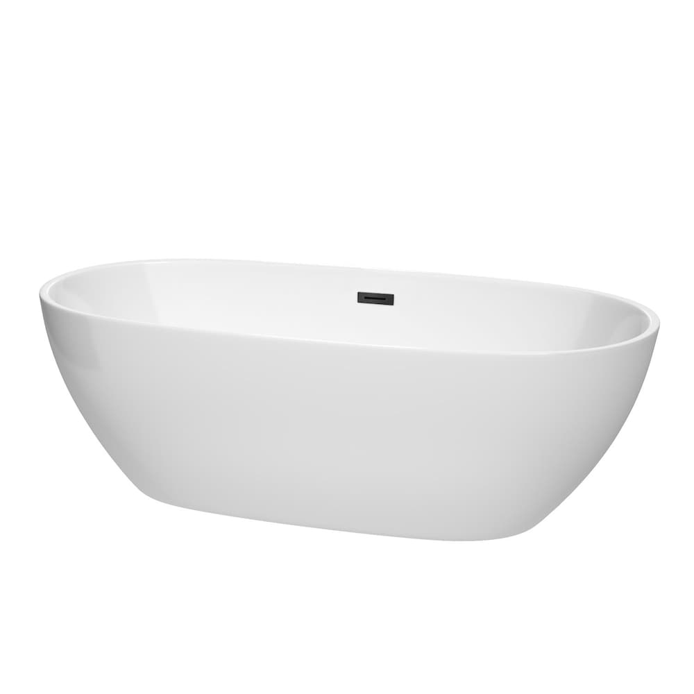 Baignoire autoportante Juno de 71 pouces en blanc avec drain noir mat et garniture de trop-plein