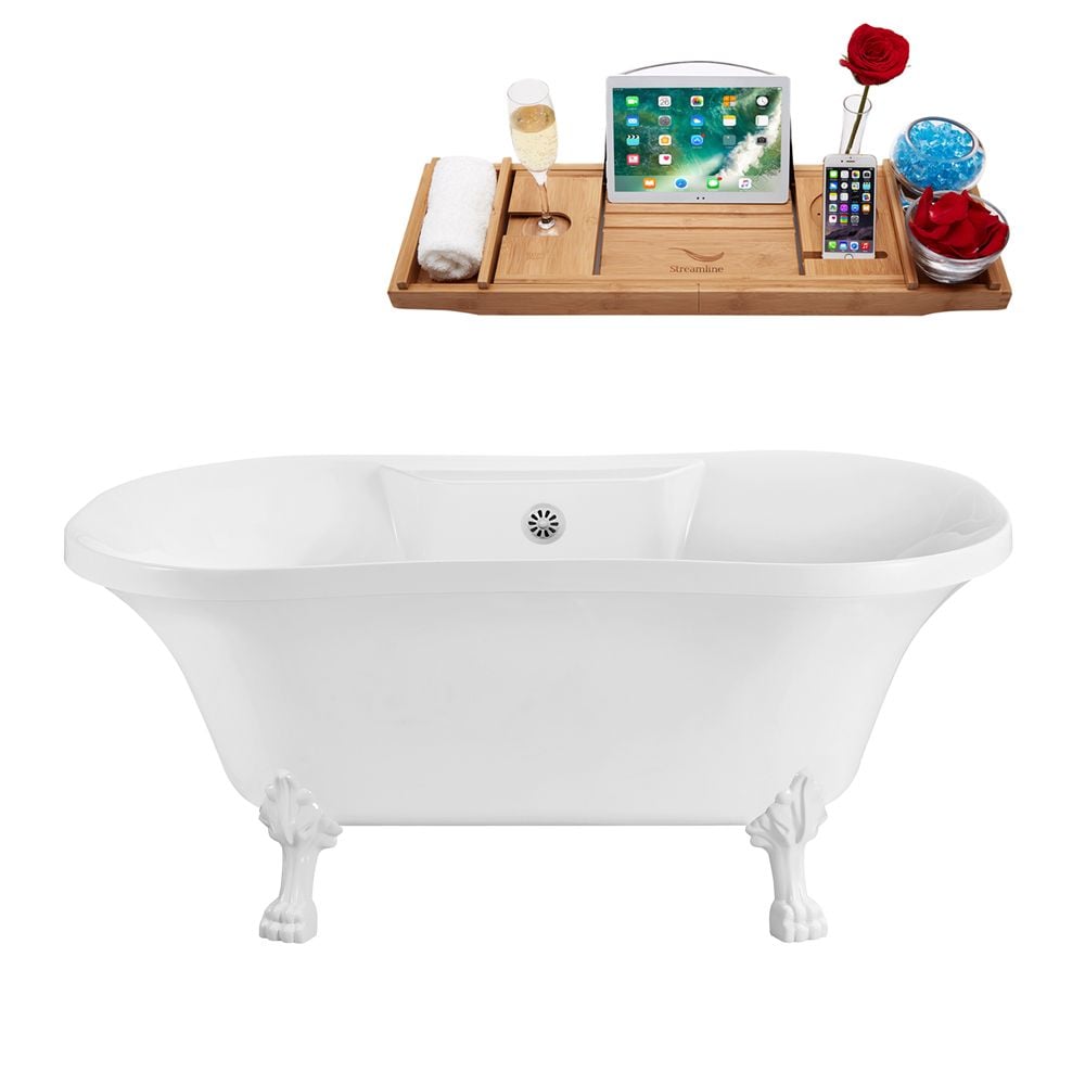 60 inch Streamline N100WH-WH Soaking Clawfoot Tub and Tray With External Drain