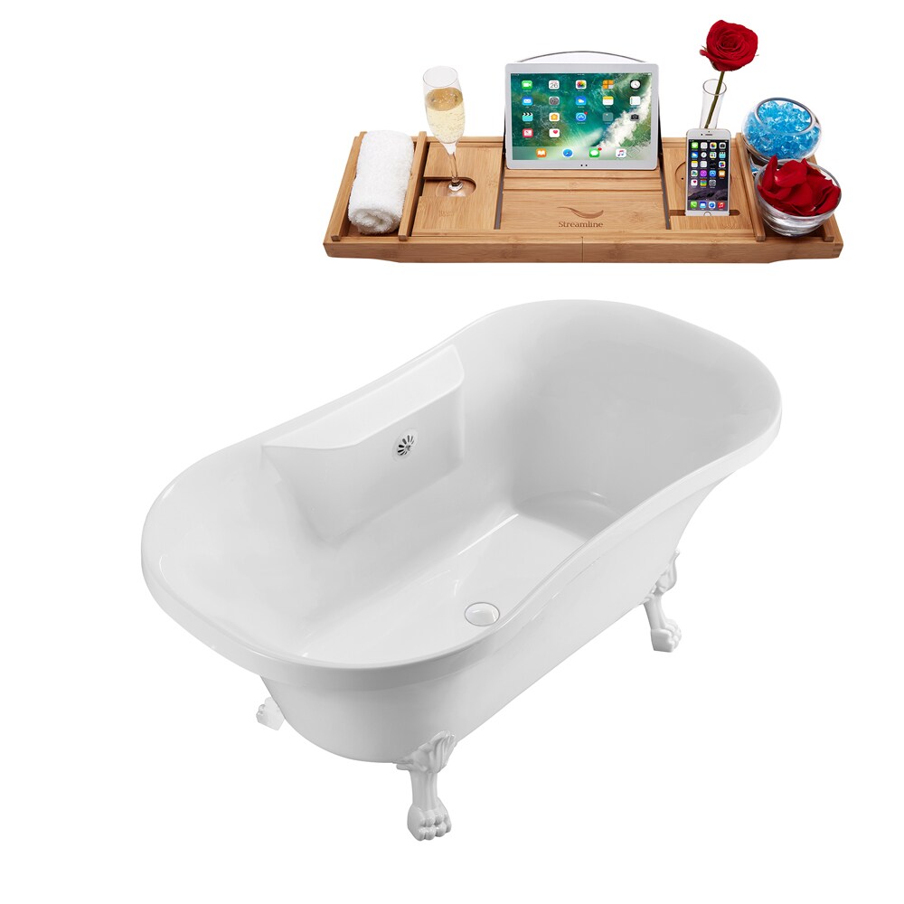 60 inch Streamline N100WH-WH Soaking Clawfoot Tub and Tray With External Drain