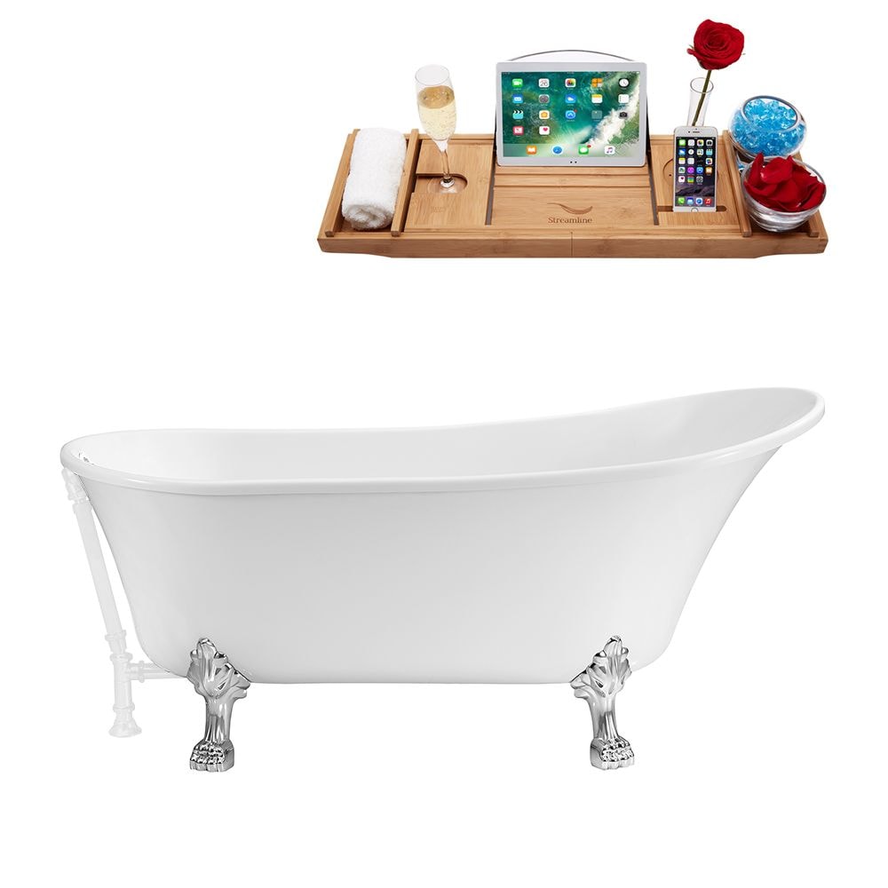 67 inch Streamline N340CH-WH Soaking Clawfoot Tub and Tray With External Drain