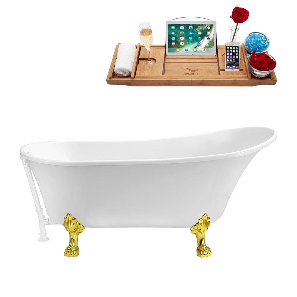 67 inch Streamline N340GLD-WH Soaking Clawfoot Tub and Tray With External Drain