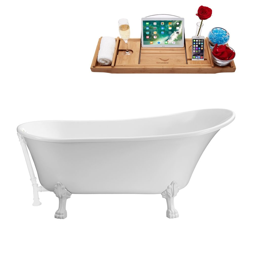 67 inch Streamline N340WH-WH Soaking Clawfoot Tub and Tray With External Drain