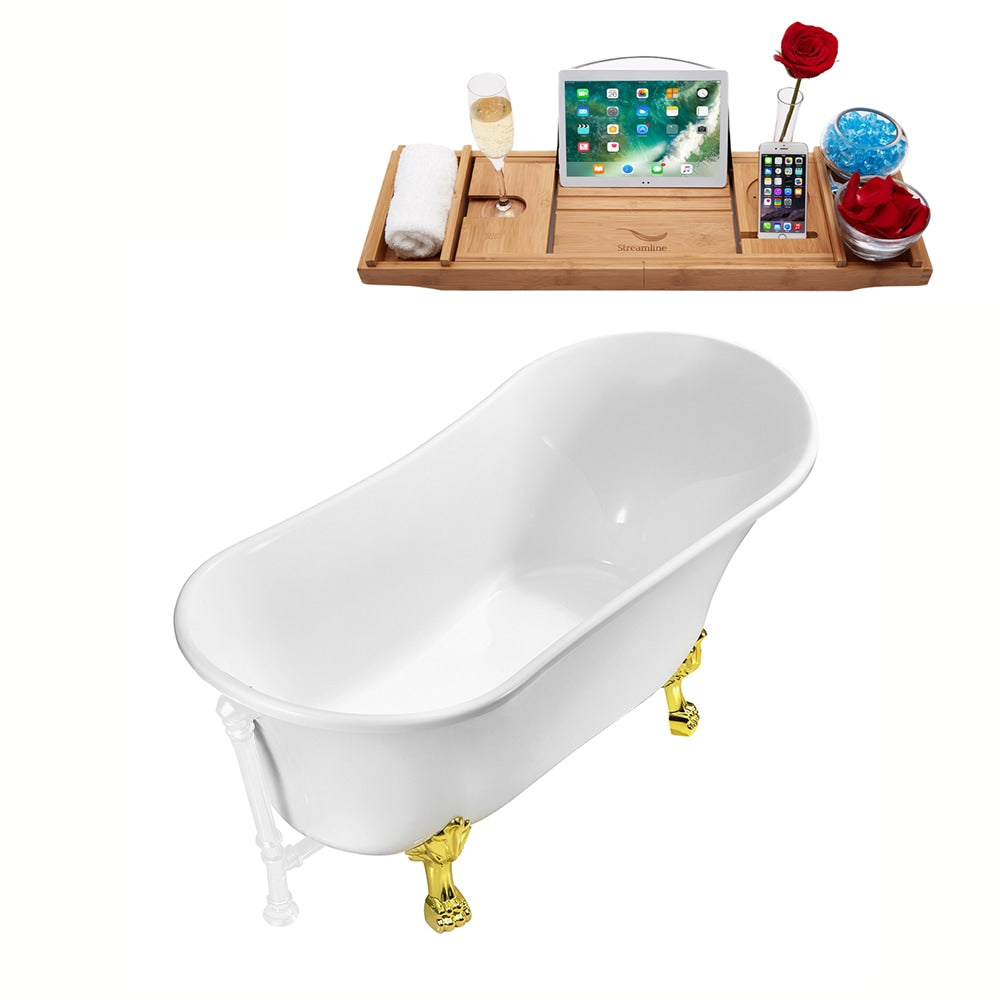 59 inch Streamline N341GLD-WH Soaking Clawfoot Tub and Tray With External Drain