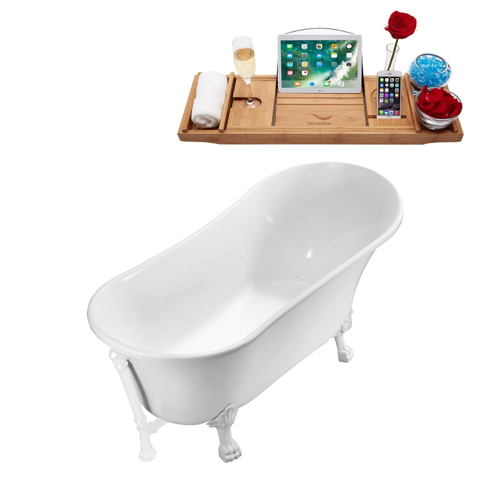 59 inch Streamline N341WH-WH Soaking Clawfoot Tub and Tray With External Drain