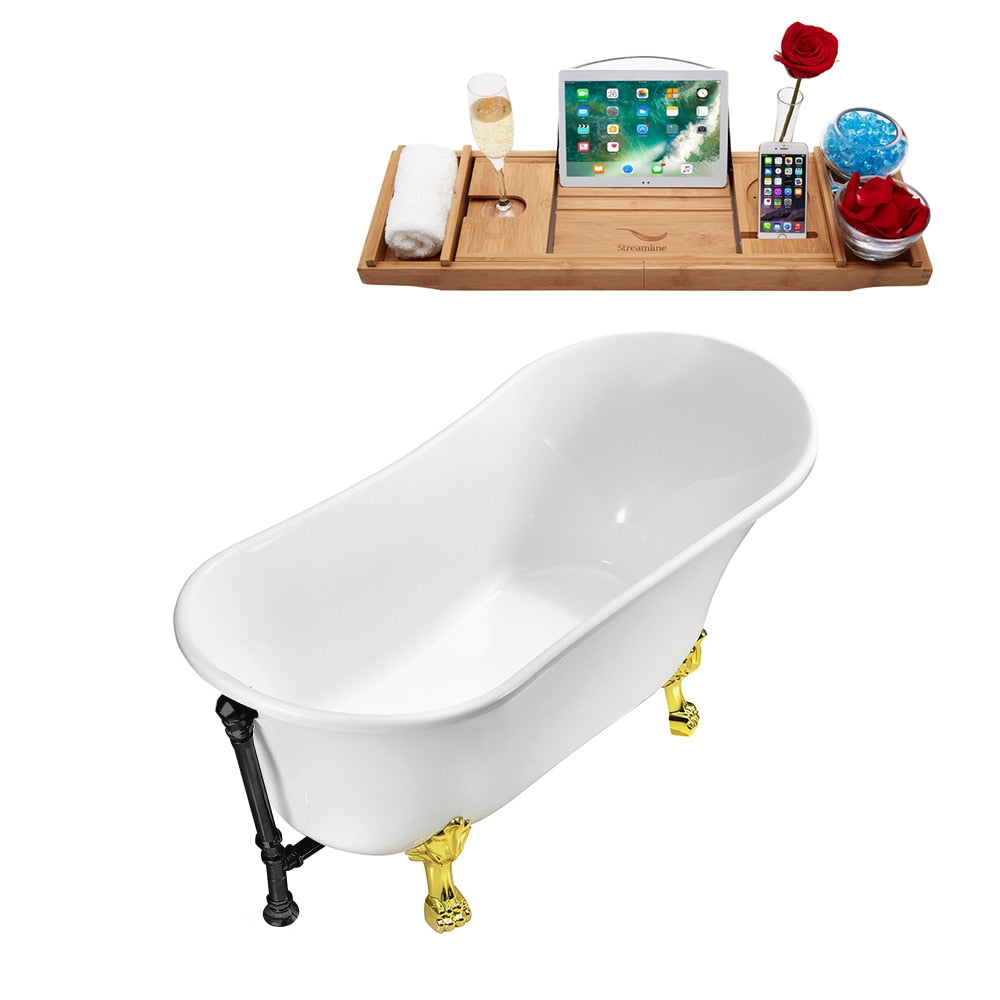 Baignoire sur pieds Streamline N342GLD-BL de 63 pouces avec plateau et drain externe