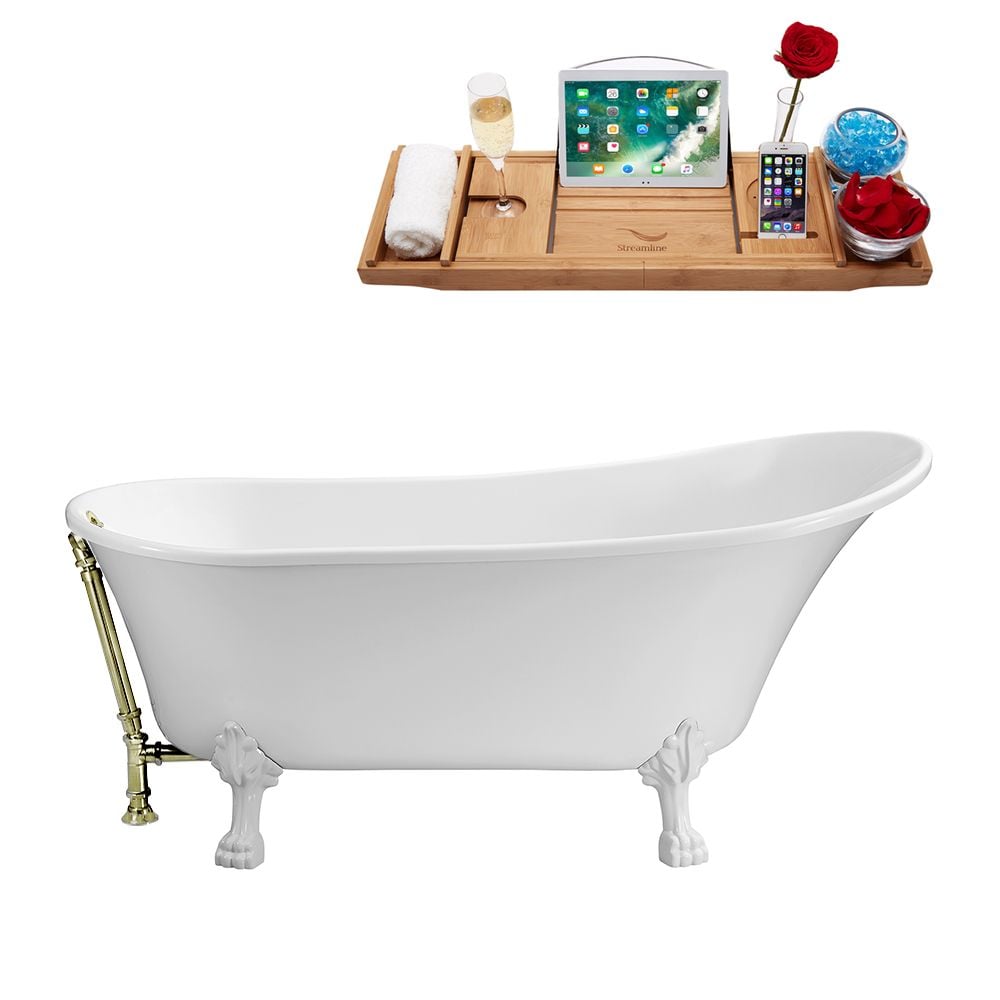 63 inch Streamline N342WH-BNK Soaking Clawfoot Tub and Tray With External Drain