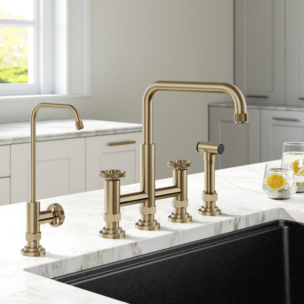 Urbix 2-Handle Bridge Faucet and Filtration Faucet in Brushed Gold