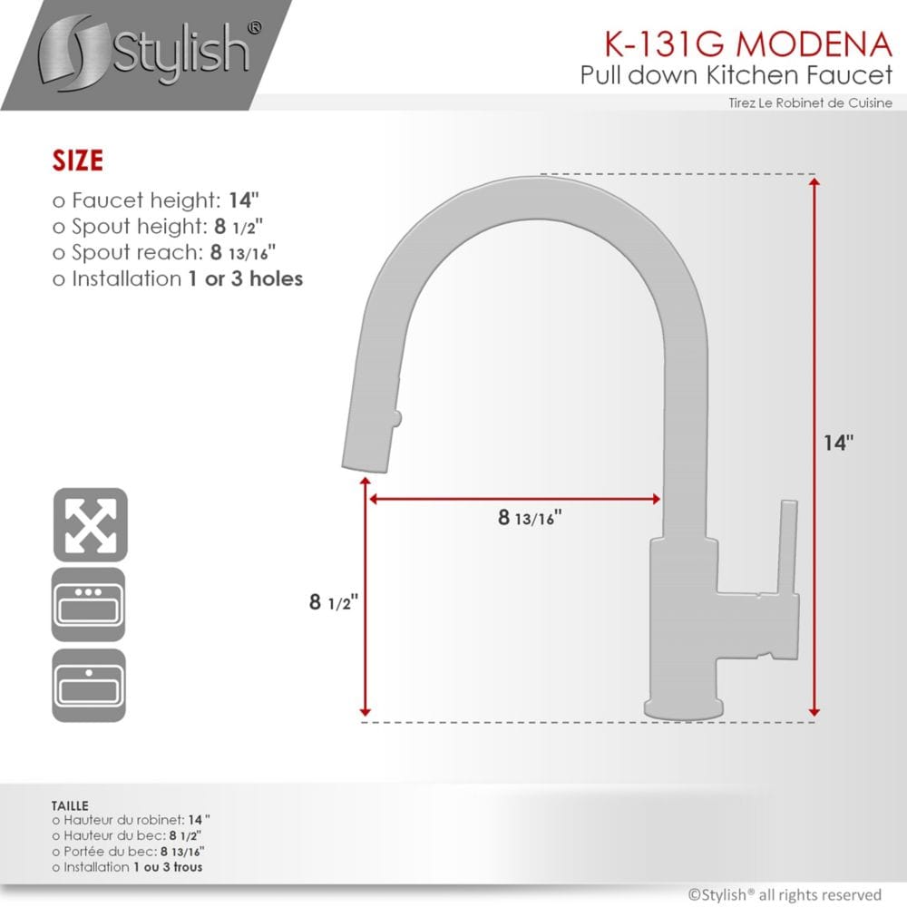 Modern Single Handle Pull down Sprayer Kitchen Faucet in Gold Stainless Steel