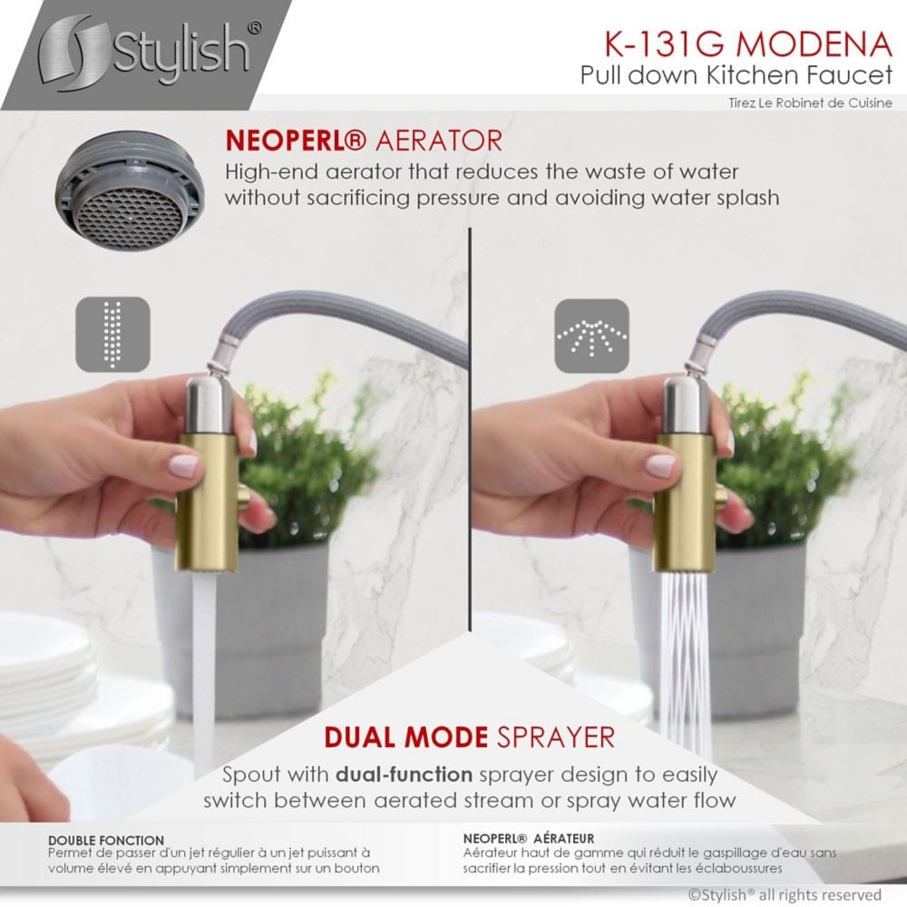Modern Single Handle Pull down Sprayer Kitchen Faucet in Gold Stainless Steel