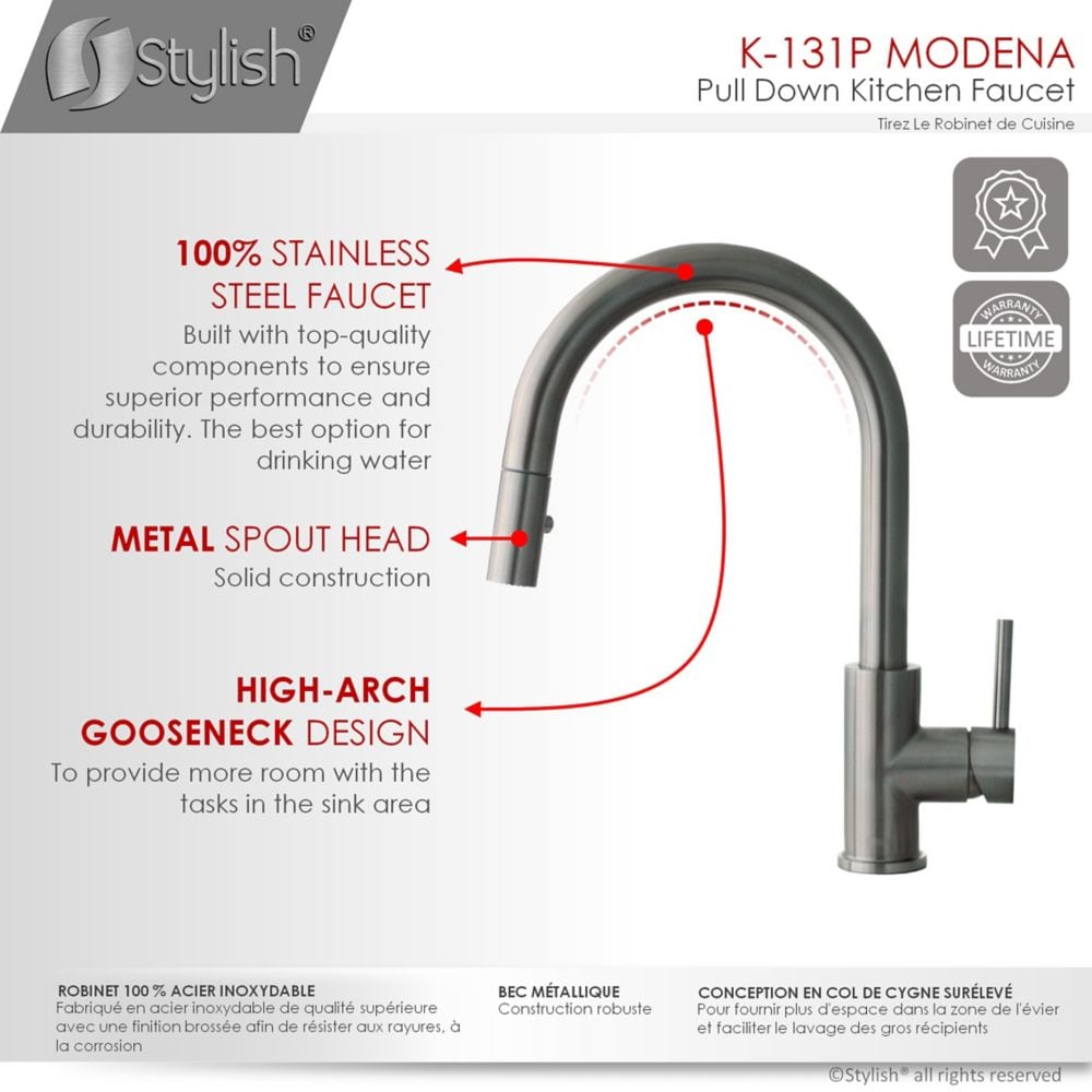 Robinet de cuisine moderne à poignée unique et pulvérisateur rétractable en acier inoxydable bronze