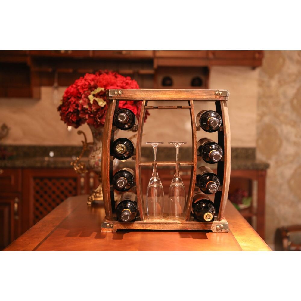 Casier à vin rustique en bois avec support en verre, support à vin décoratif pour 8 bouteilles
