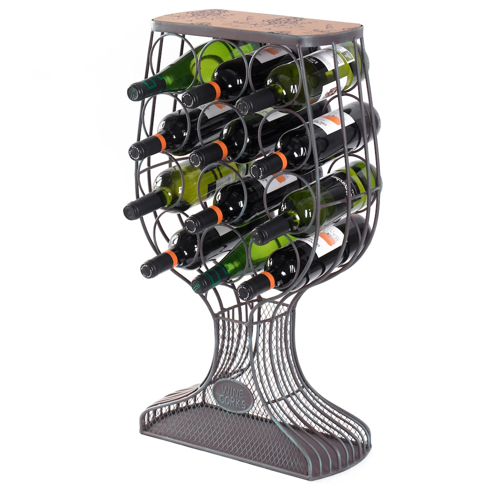 Casier à vin autoportant en métal décoratif vintage en bois en forme de gobelet avec porte-bouchon