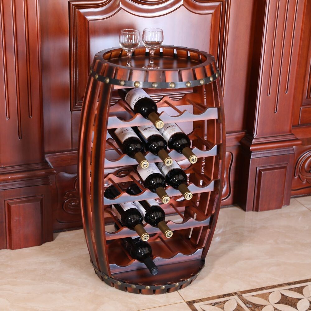 Casier à vin rustique en bois en forme de tonneau pour 23 bouteilles