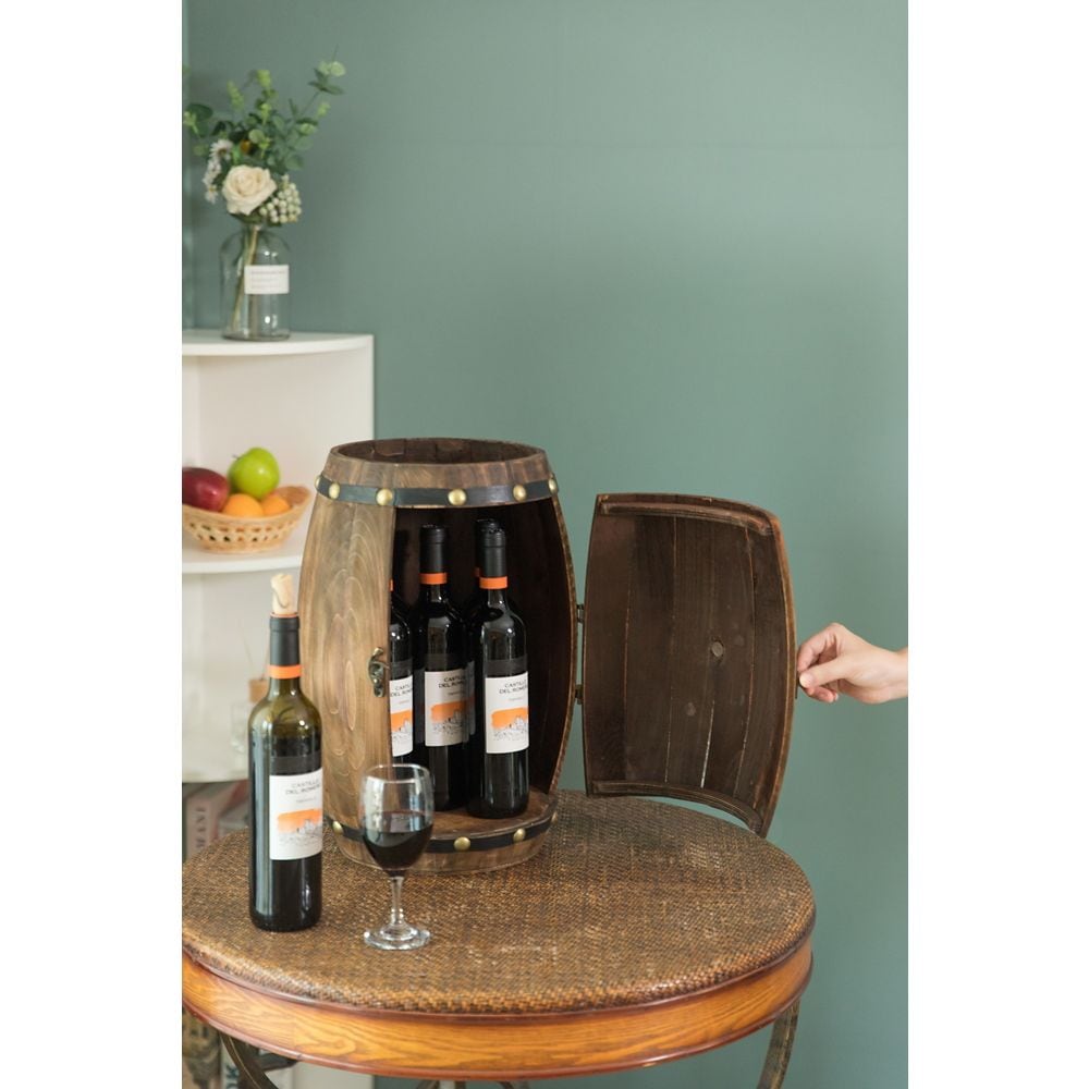 Casier à vin décoratif vintage en forme de tonneau en bois