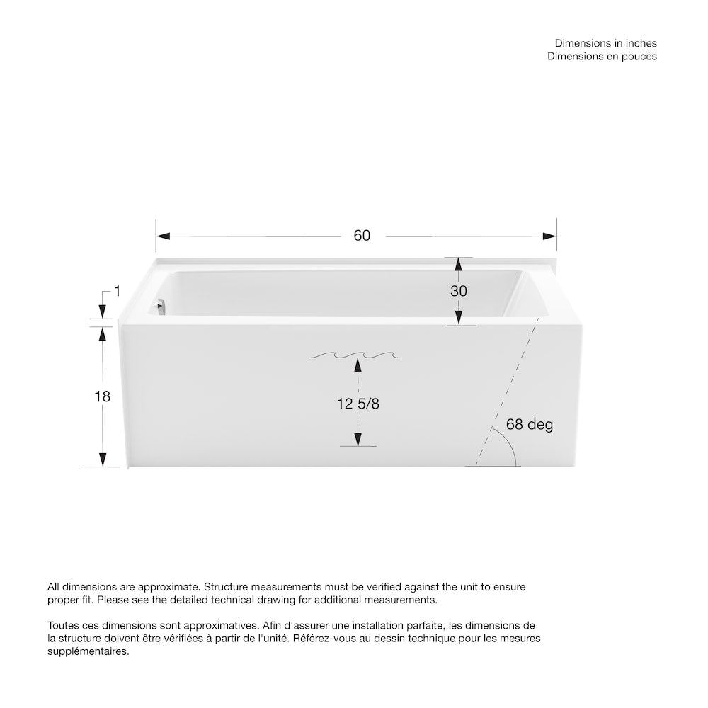 Baignoire d'angle rectangulaire Nomad 60L x 30W x 18H AcrlyX, drain à gauche, en blanc avec profondeur de trempage de 12 5/8 pouces
