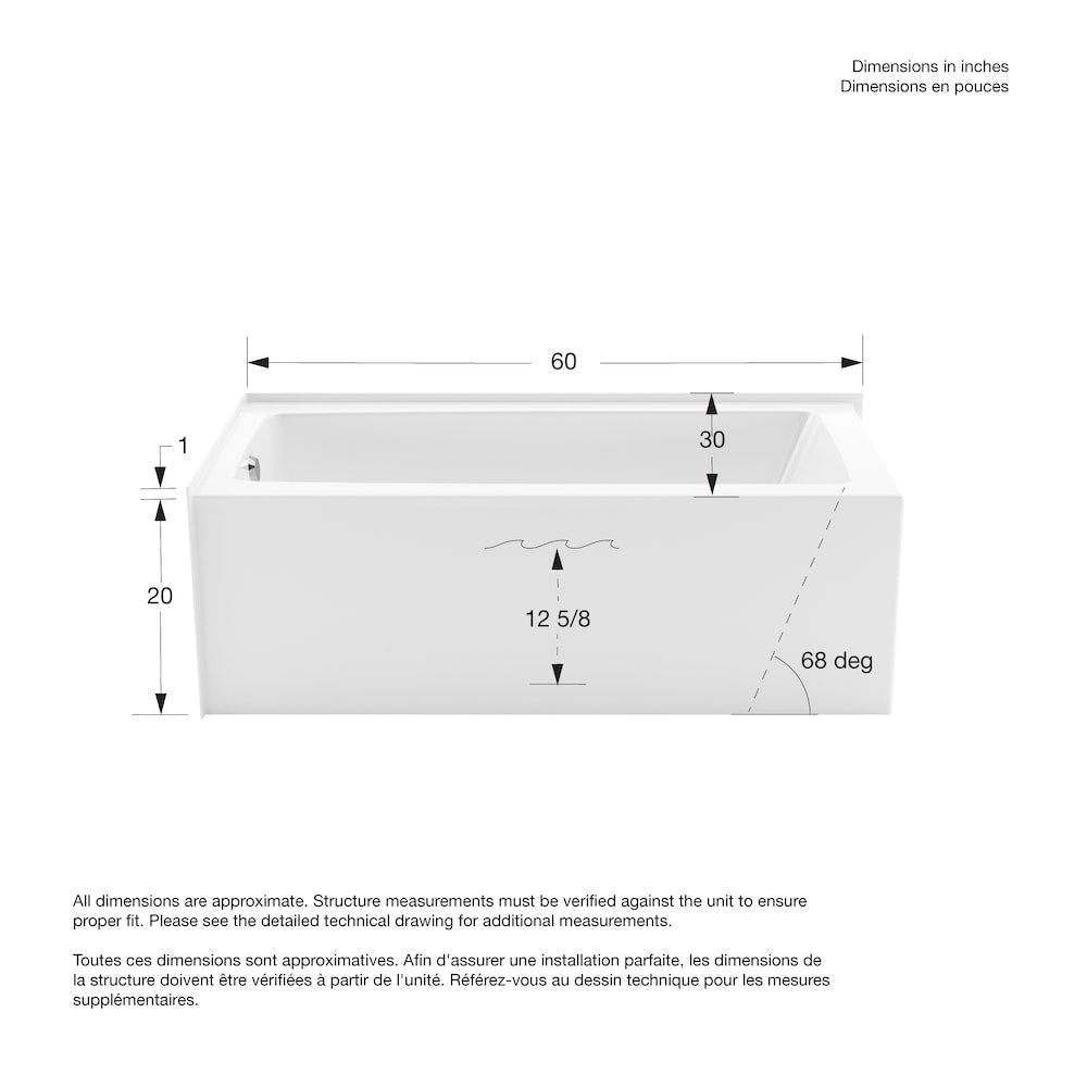 Baignoire d'angle rectangulaire Nomad AFR 60L x 30W x 20H AcrlyX, drain à gauche, en blanc avec profondeur de trempage de 12 5/8 pouces